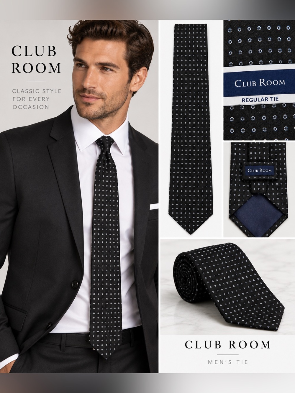 Club Room Men’s Black Geometric Regular Tie NWT Macy’s Formal Business